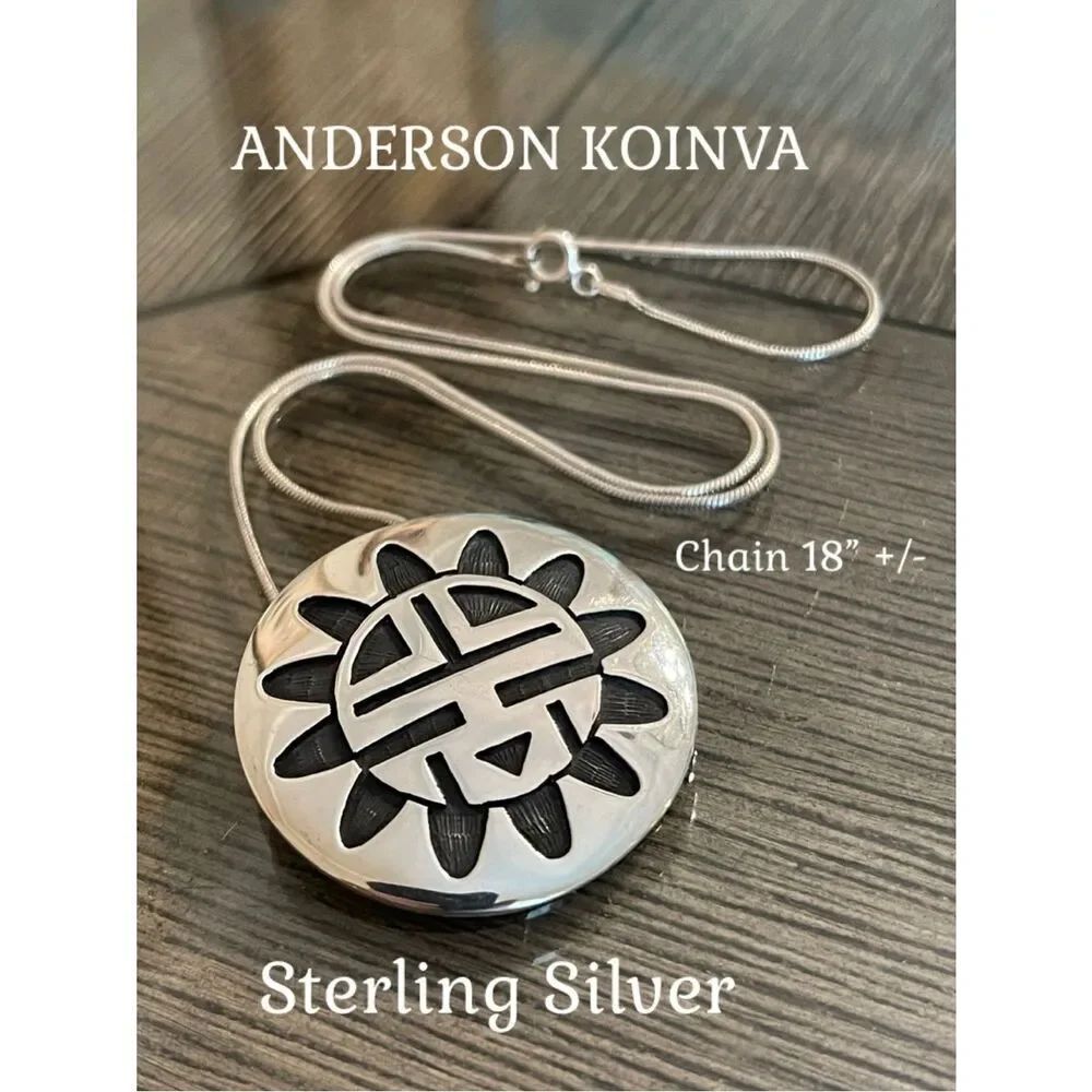 Sterling Silver SUNFACE PENDANT BY ANDERSON KOINVA – HOPI with Round Snake Chain